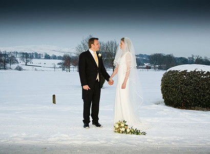 Bride and groom snow setting