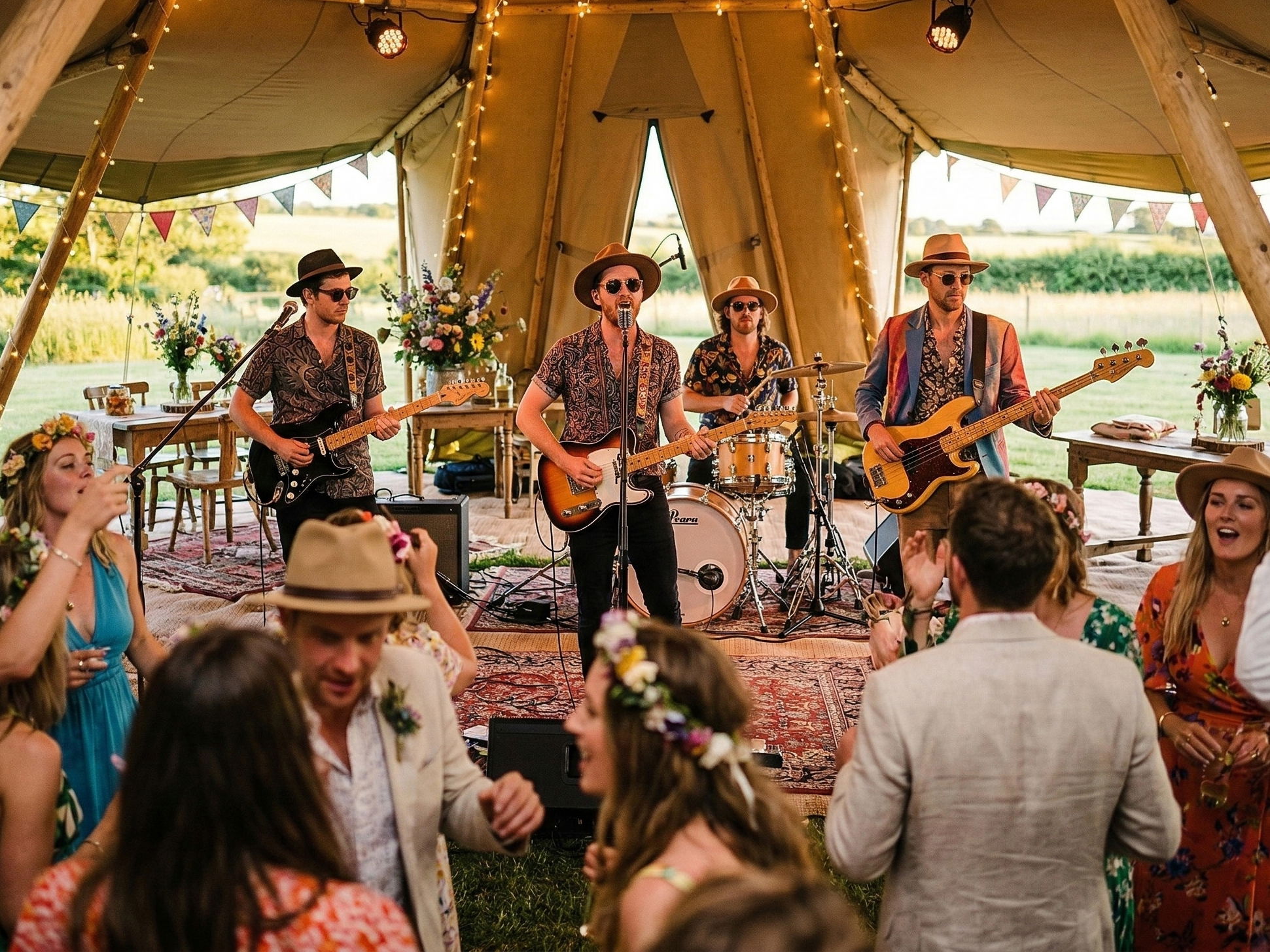 Band performing at a festival theme wedding