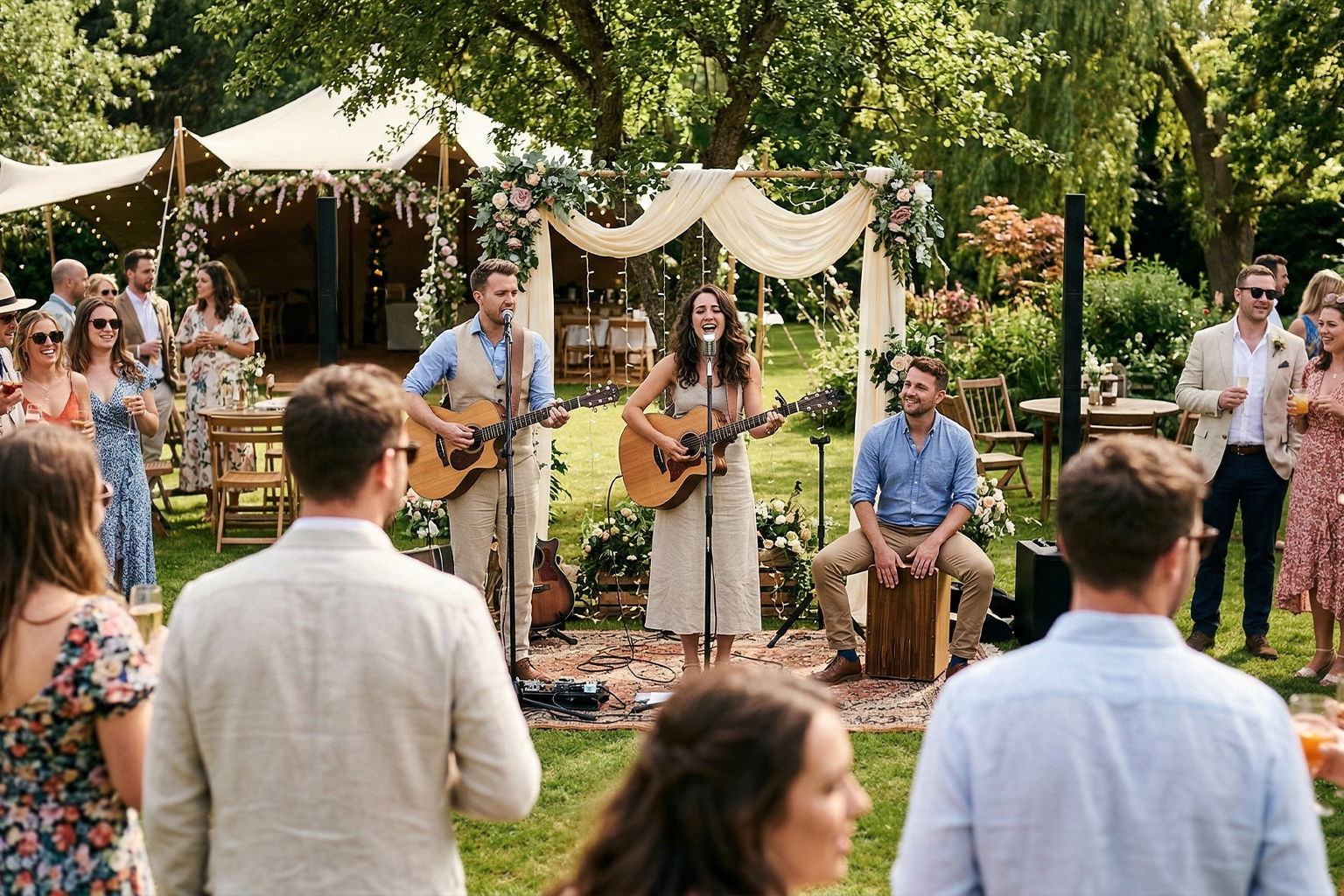 Live acoustic band playing at a Garden Wedding