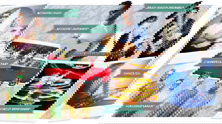 Music and entertainment ideas mood board for a Boho/Festival themed wedding