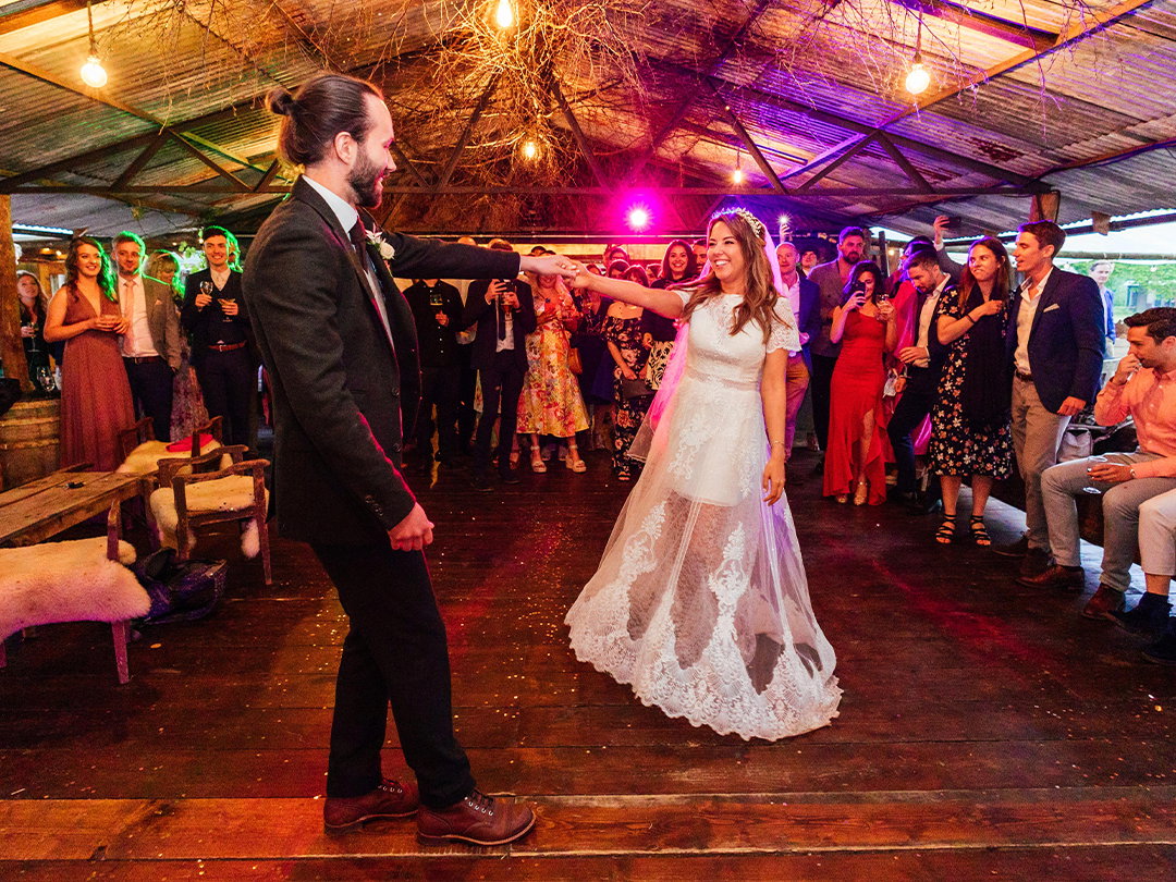 Bride and groom dancing to wedding band at The Drays venue in Kent