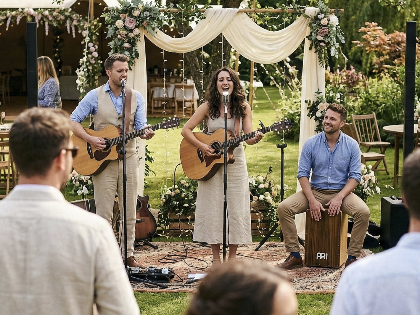 Live wedding band performing outdoors at a garden wedding reception