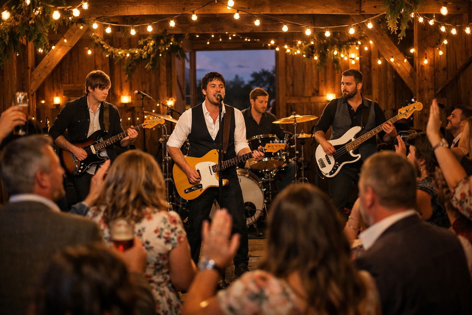 Indie Rock band playing at a rustic barn wedding