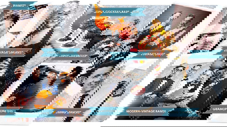 Music and entertainment ideas mood board for a vintage wedding theme